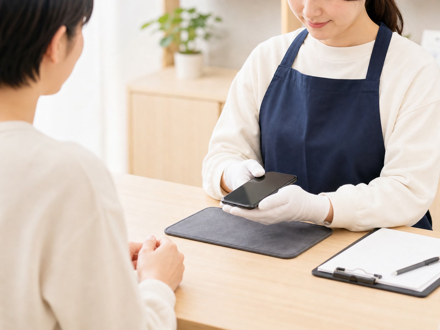 店舗スタッフがスマートフォンを査定する様子