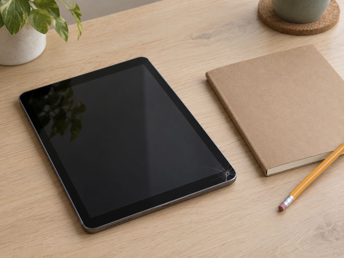 角にひびが入ったタブレットと、閉じた学校用ノート