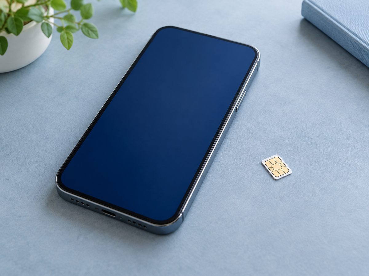 青い画面のスマートフォンと別に置かれた無地のSIMカード