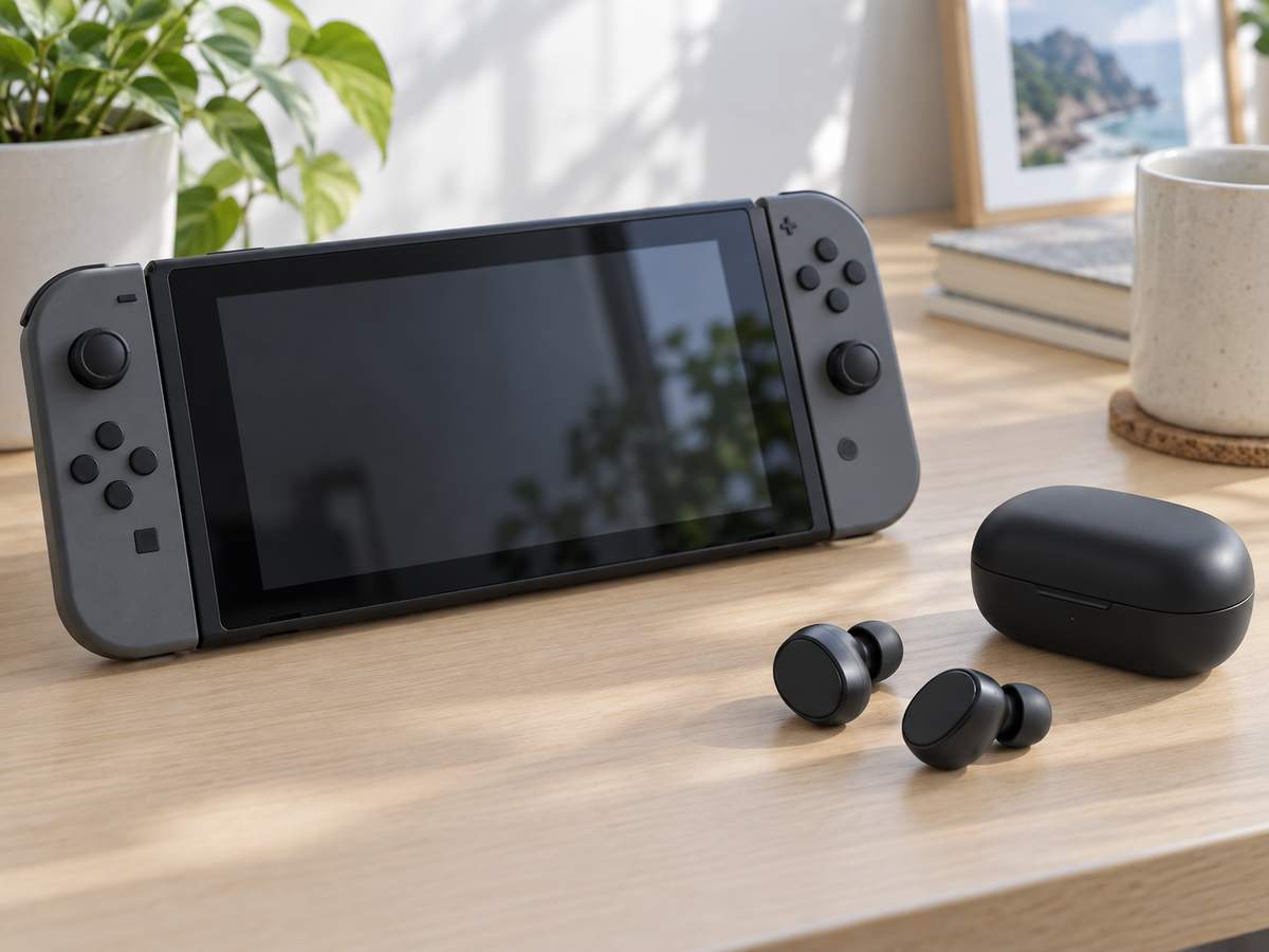 携帯ゲーム機とワイヤレスイヤホン、充電ケース