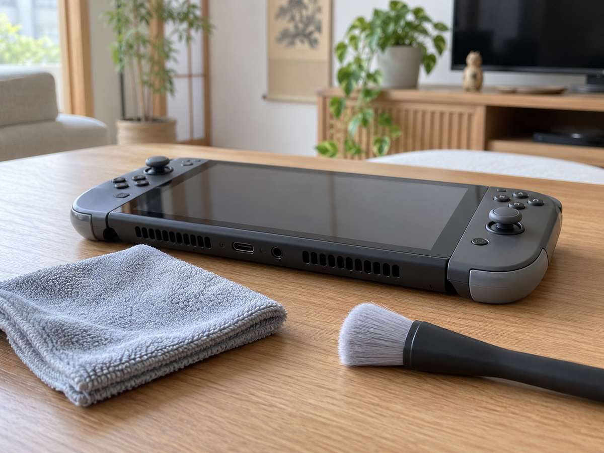 通気口の外側を清掃する布と柔らかいブラシを置いたゲーム機