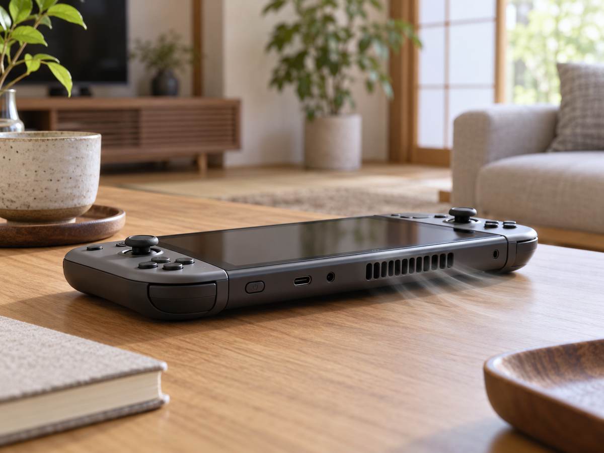 通気口が見える携帯ゲーム機を机に置いた様子