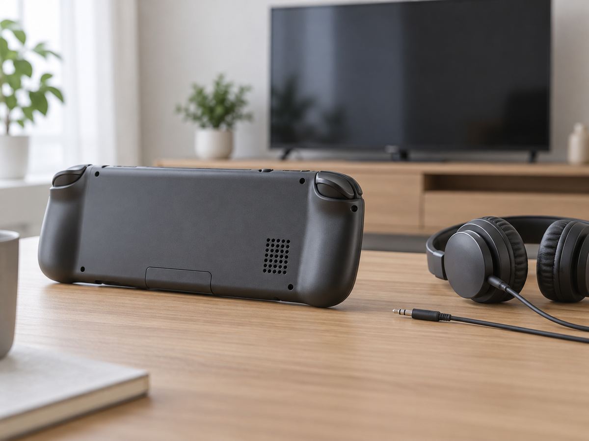 携帯ゲーム機のスピーカーと、横に置いた有線ヘッドホン