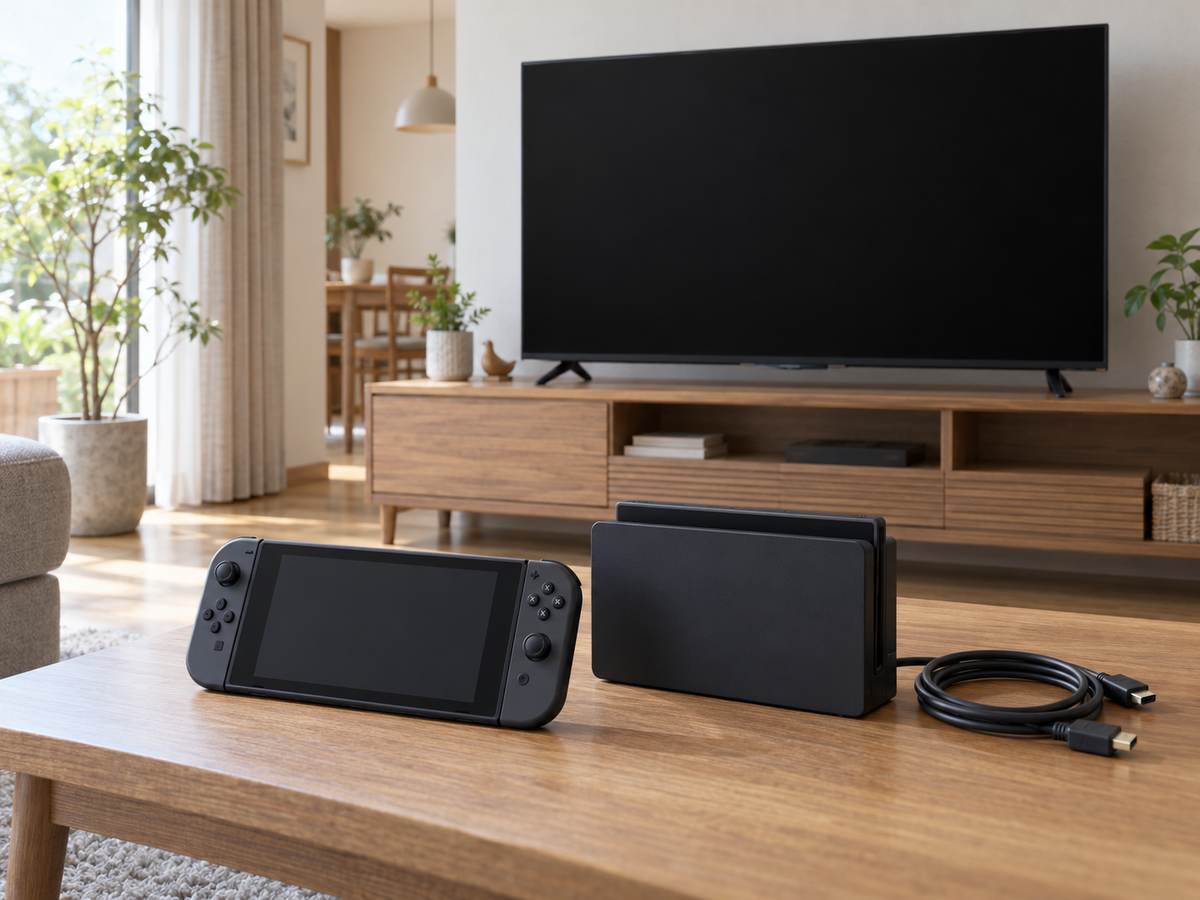 携帯ゲーム機、ドック、HDMIケーブルをテレビの前に並べた様子