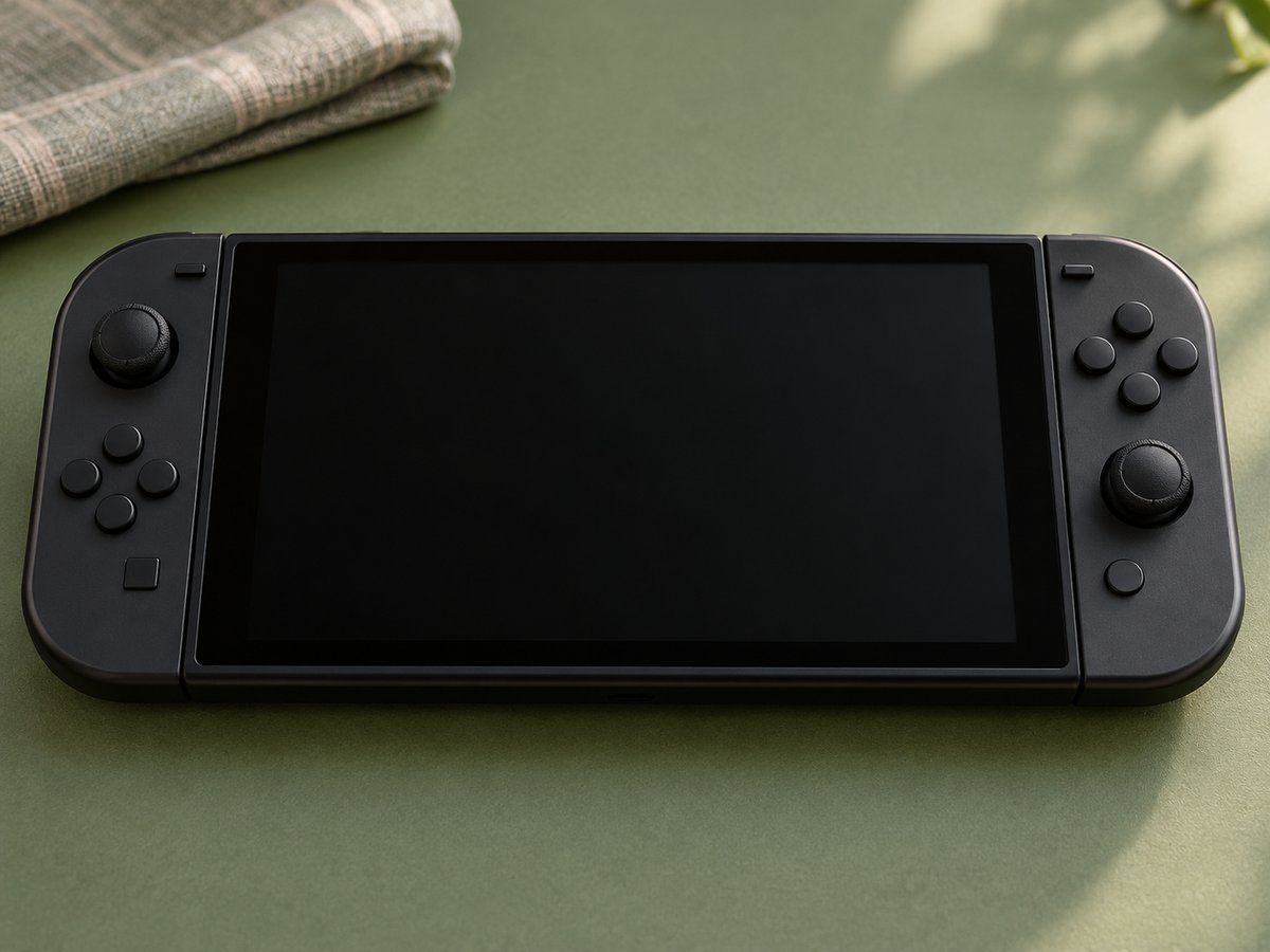 緑色の机に置かれた黒い画面の携帯ゲーム機