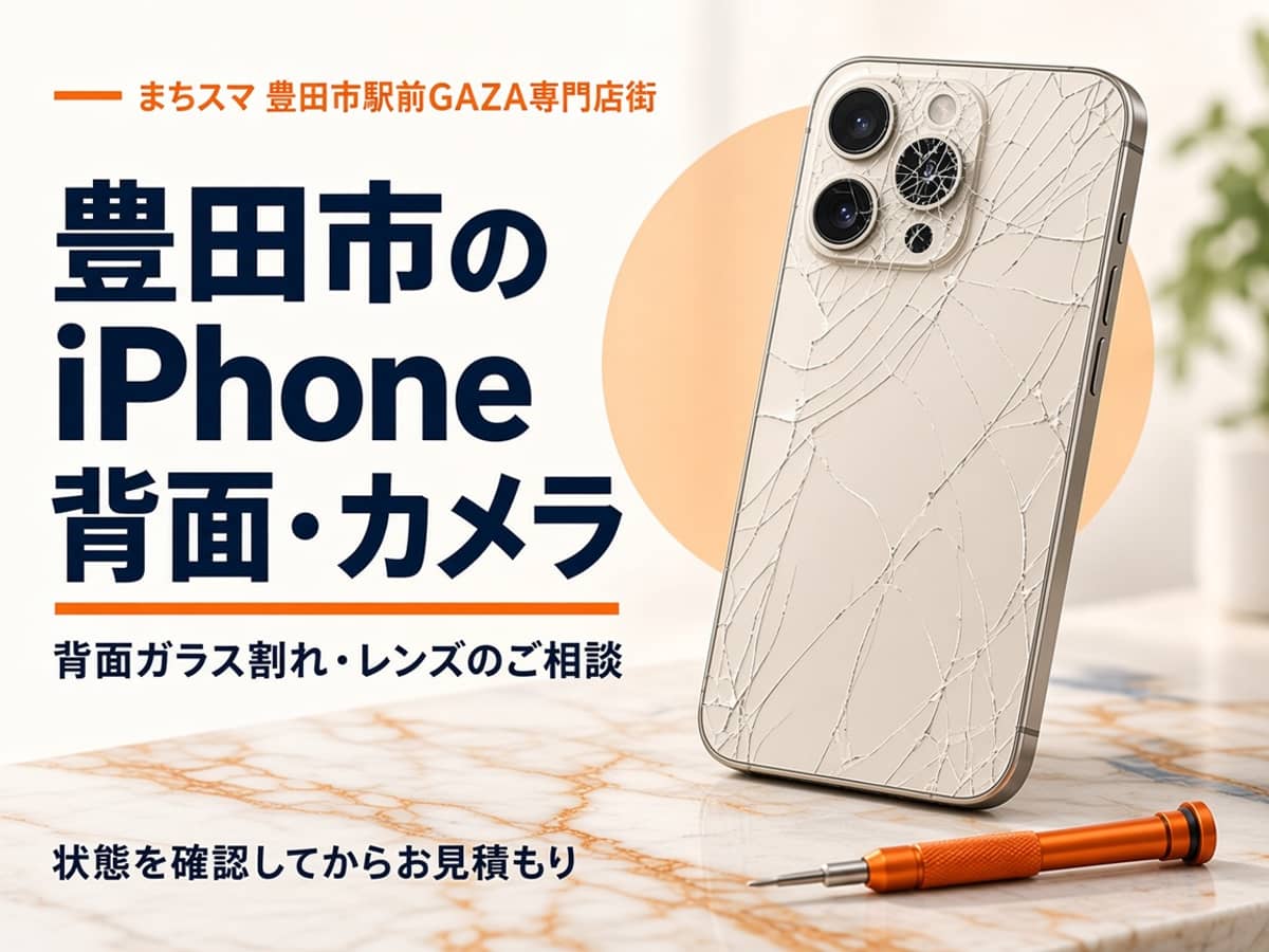 背面ガラス全体とカメラレンズの1つが割れたiPhoneと、ドライバーが置かれた作業台のイメージ