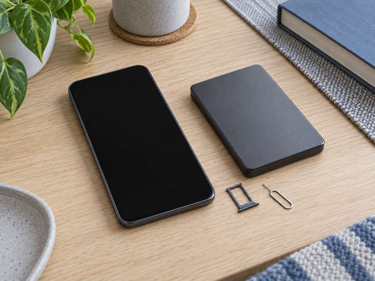 初期化前のスマートフォンと外したSIMトレイを机に並べた様子