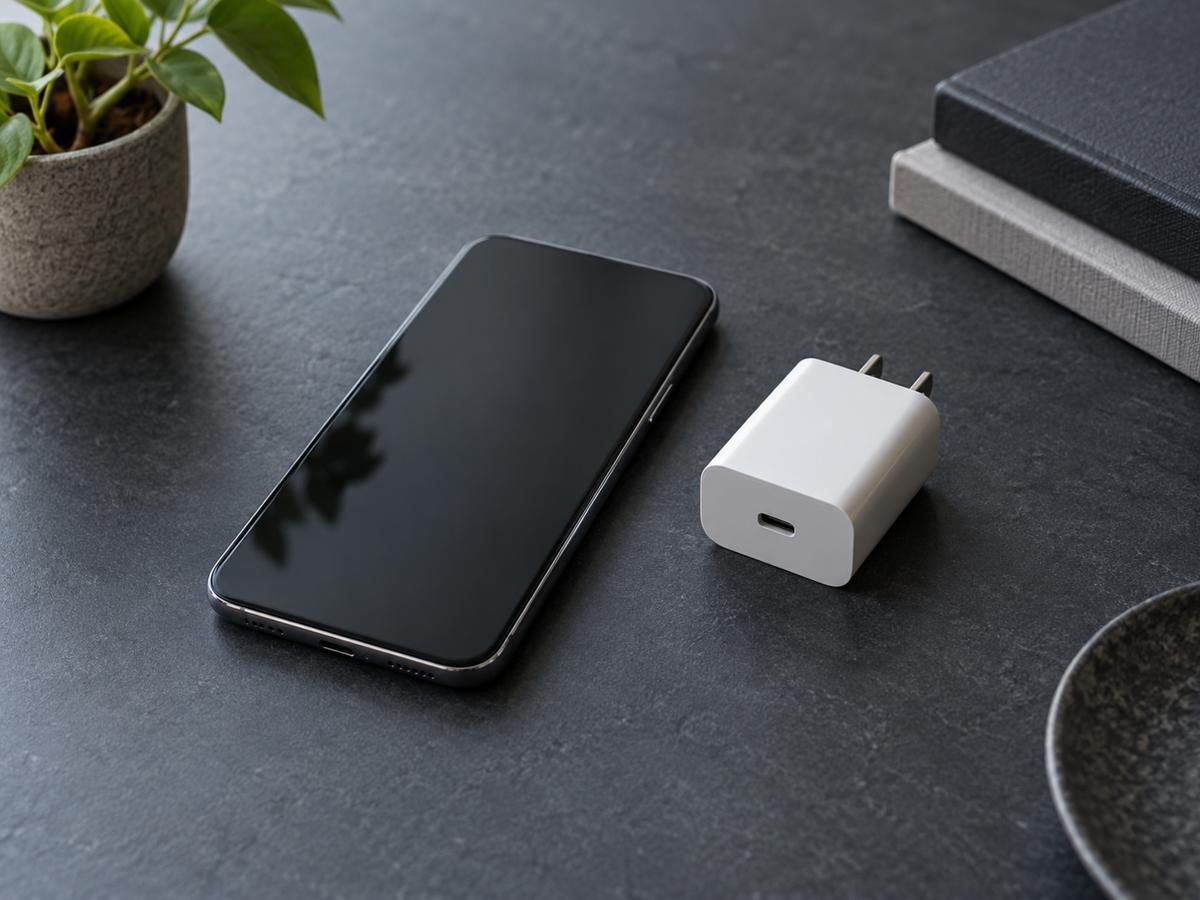 充電器から離して置いた、画面を消した細身のスマートフォン