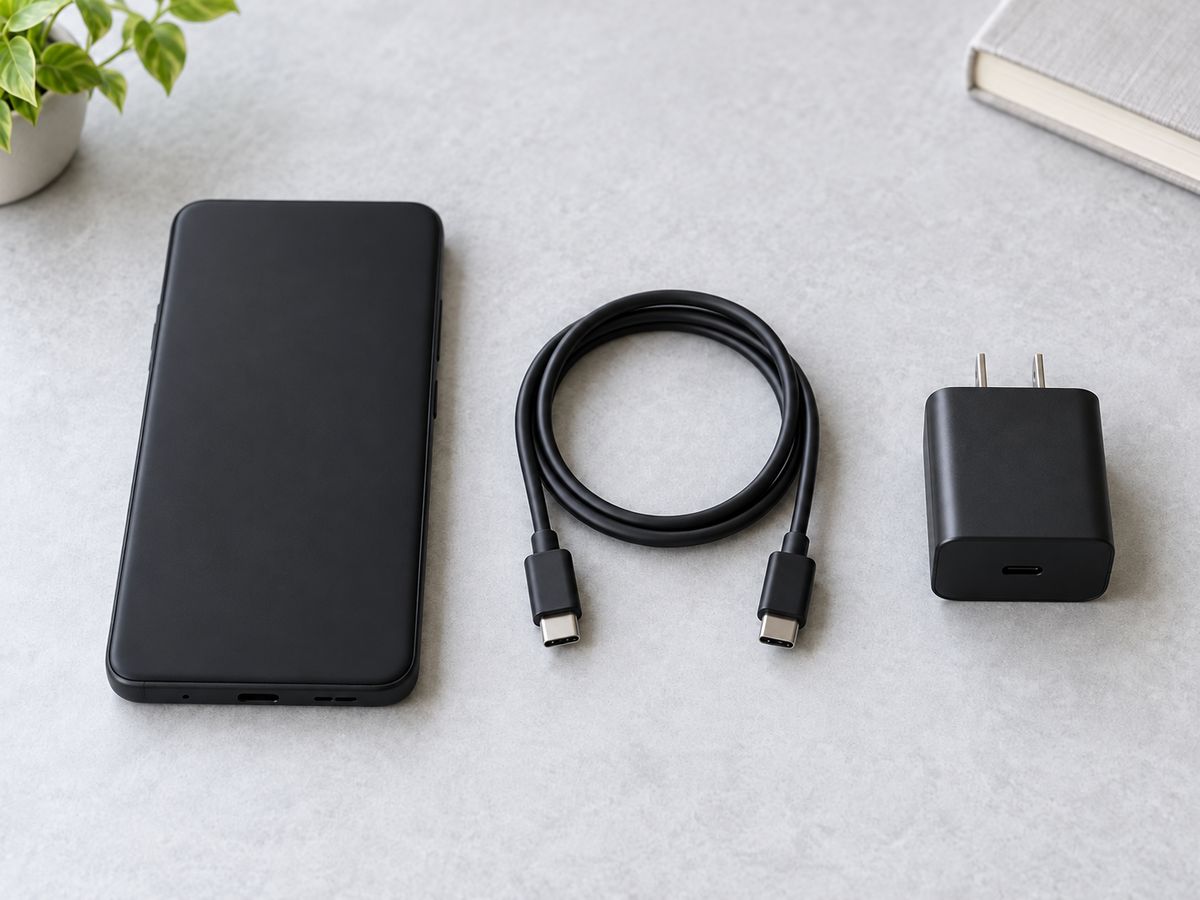 スマートフォンとUSB-Cケーブル、ACアダプターを別々に並べた写真