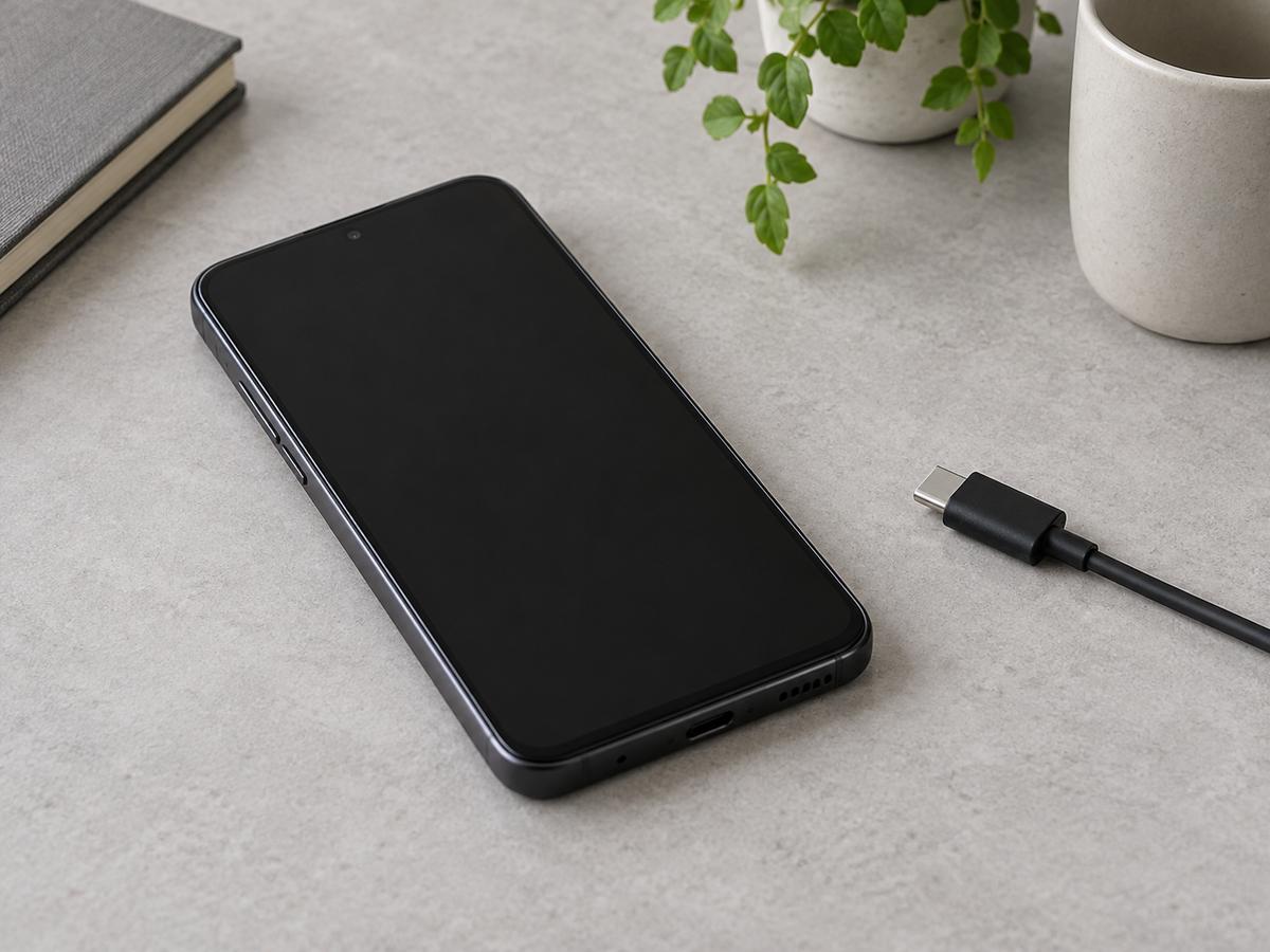 明るい机に置いた黒い画面のスマートフォンと、接続していないケーブル